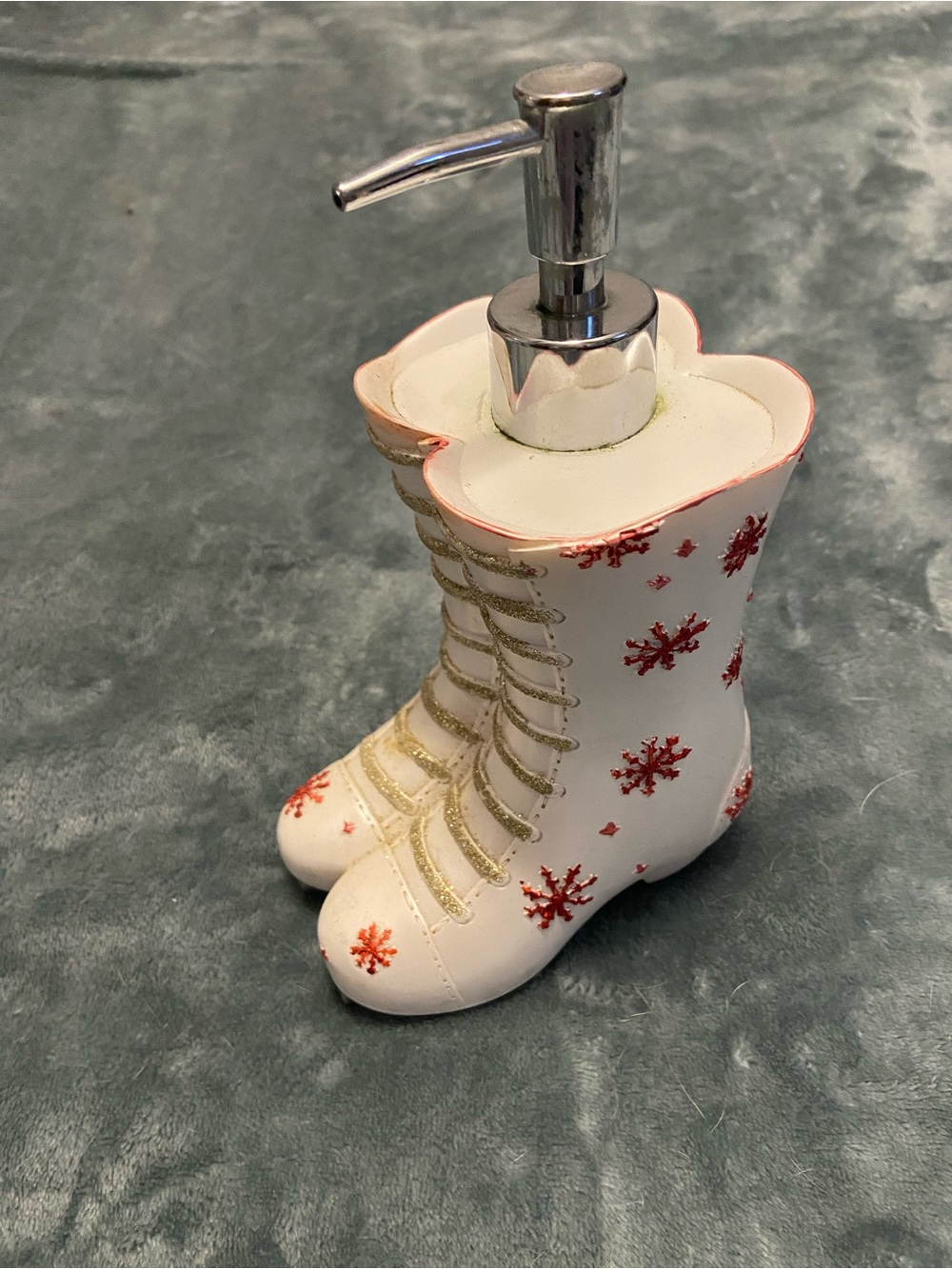 Holiday White Boot Soap Dispenser with Red Snowflake Accents